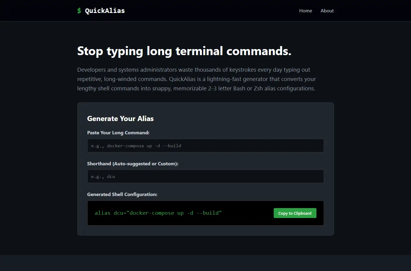 Screenshot of QuickAlias: CLI Shortcut Maker interface showing the project page in use